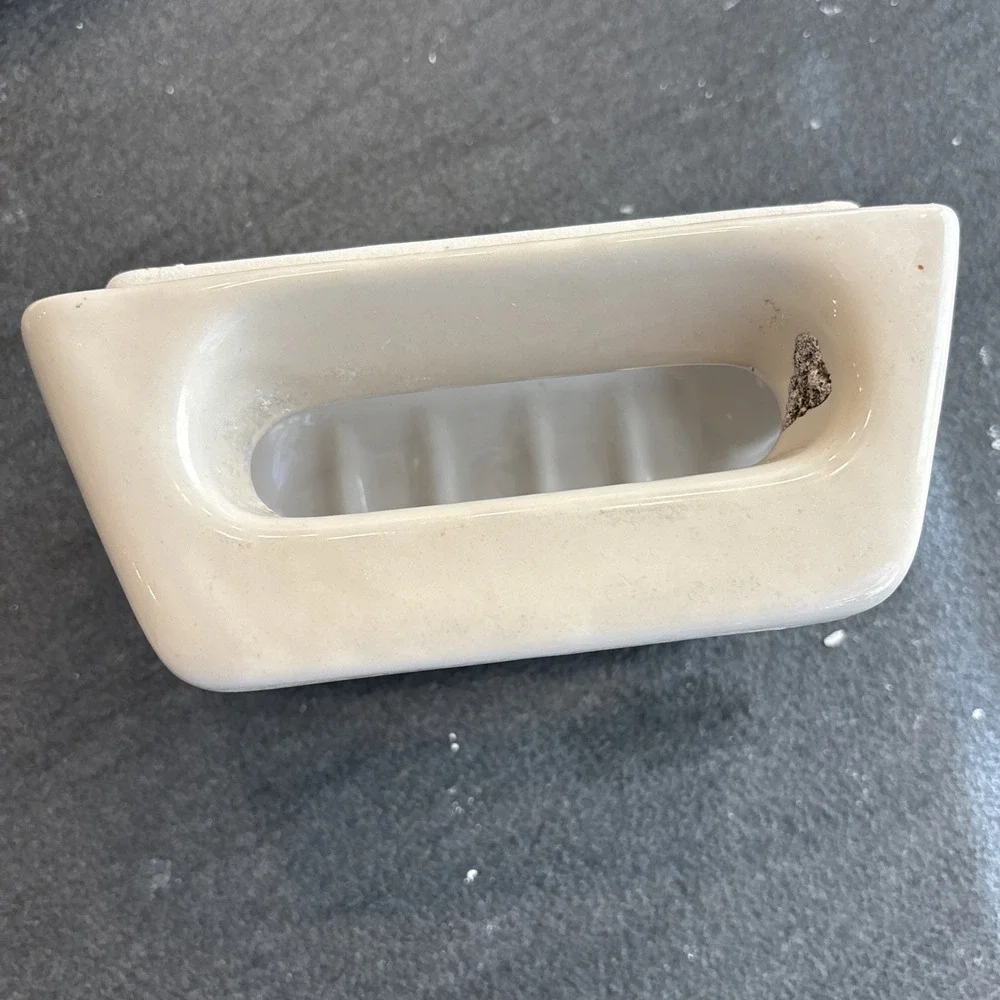 Vintage Beige Ceramic Soap Dish Porcelain Washcloth Holder Bathtub Shower MCM